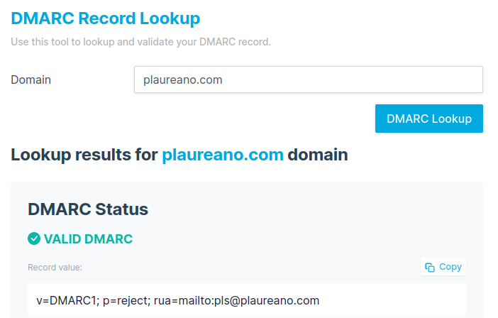 Testing DMARC records from plaureano.com